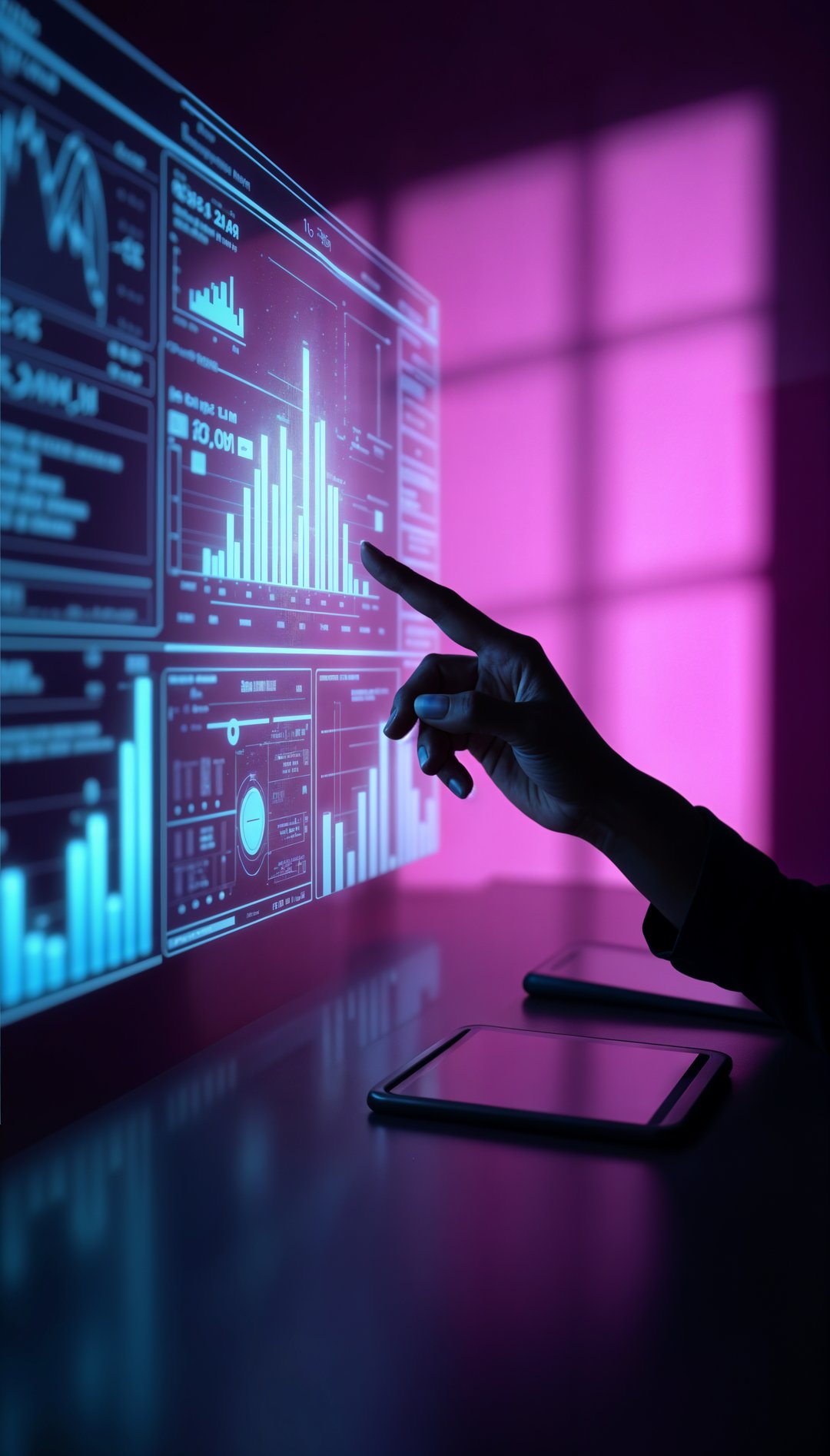 Hand interacting with a holographic data dashboard